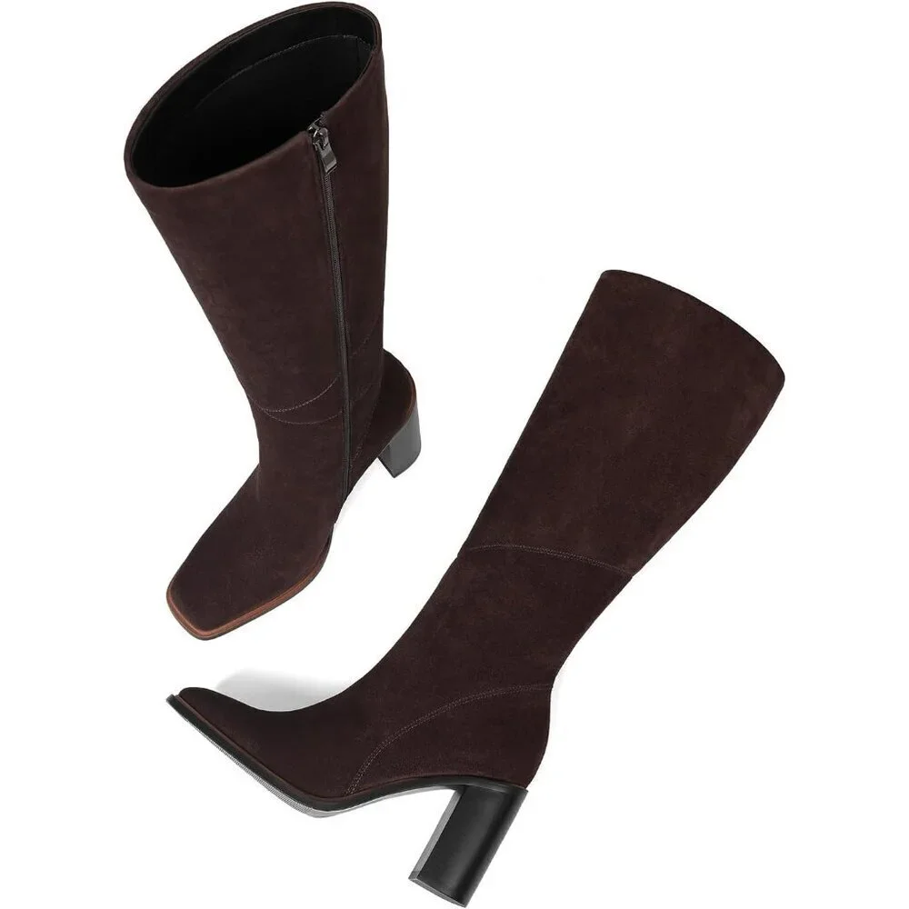 Women’s Polyurethane Chocolate Square Toe Chunky Block Heel Leather Zip Up Boot